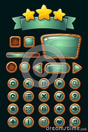 GUI wooden buttons with glossy effects. Game elements Vector Illustration